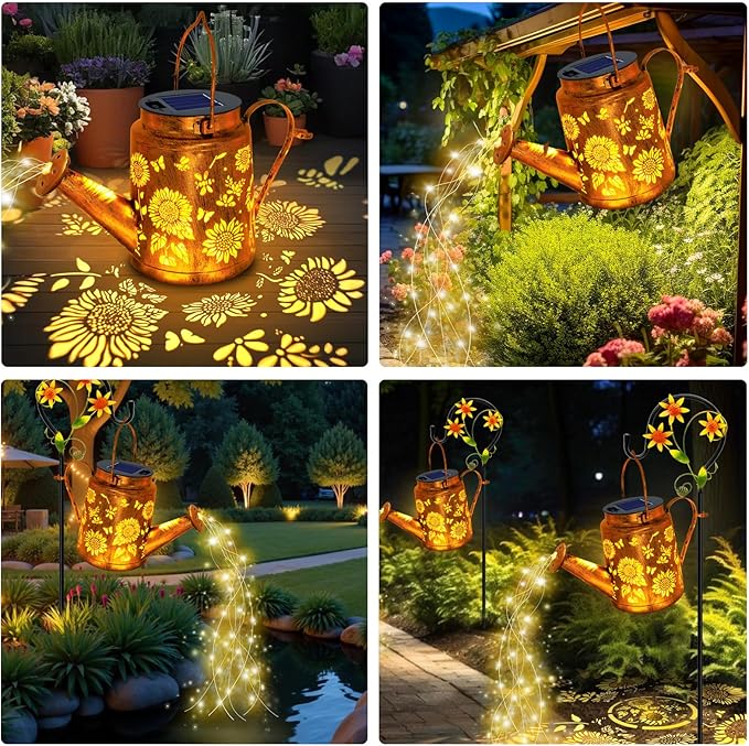 ANGMLN 2 Pack Solar Lights Outdoor Waterproof, Sunflower Solar Watering Can Lights with Shepherd Hook, Birthday Gifts for Mom Grandma Women, Metal Hanging Lantern Garden Decor Yard Outside Patio