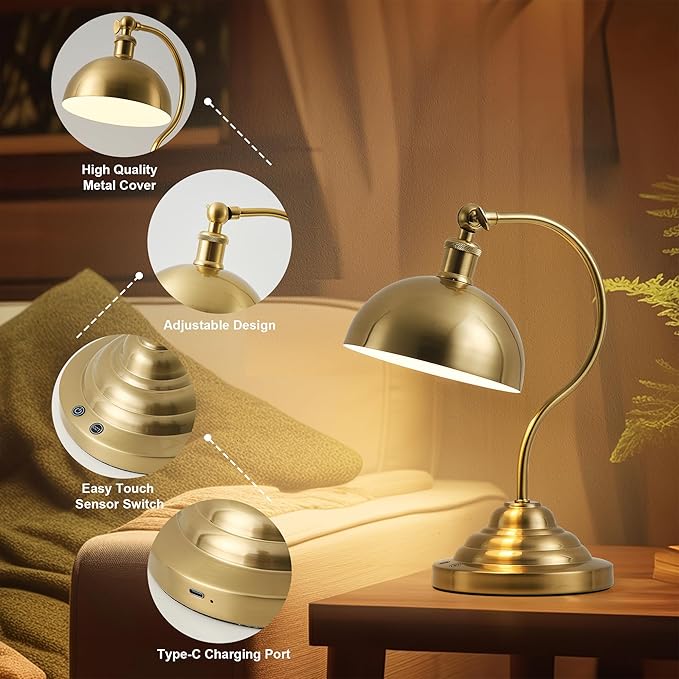 Cordless LED Table Lamp, Battery Operated Desk Lamps with Swing Arm & Plastic Shade, Vintage Small Rechargeable Dimmable Light for Bedroom, Living Room, Nightstand, Brass