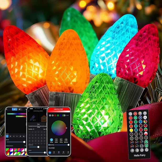 C9 Christmas Lights Outdoor, 49FT 50 LED RGB Color Changing Bulbs,App Bluetooth Music Sync, DIY Scenes & Timers, Connectable to 198FT, IP44 Waterproof Roofline Eaves Porch Fence Decorations