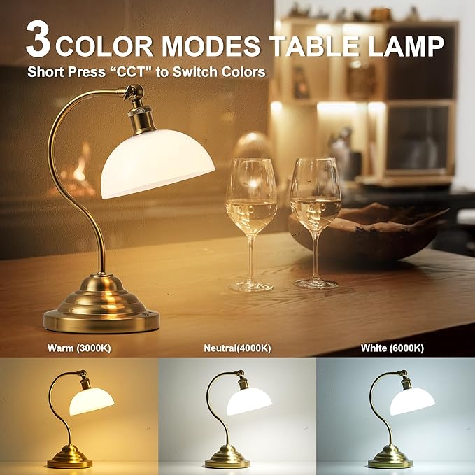Cordless LED Table Lamp, Battery Operated Desk Lamps with Swing Arm & Plastic Shade, Vintage Small Rechargeable Dimmable Light for Bedroom, Living Room, Nightstand, Brass/White