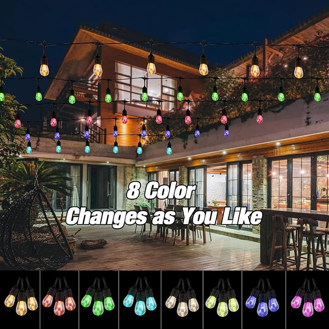 Auroraworld 48FT Solar RGB Outdoor String Lights, Dimmable Waterproof LED Patio Lights with Remote, 15 Shatterproof Bulbs for Garden Party Decor