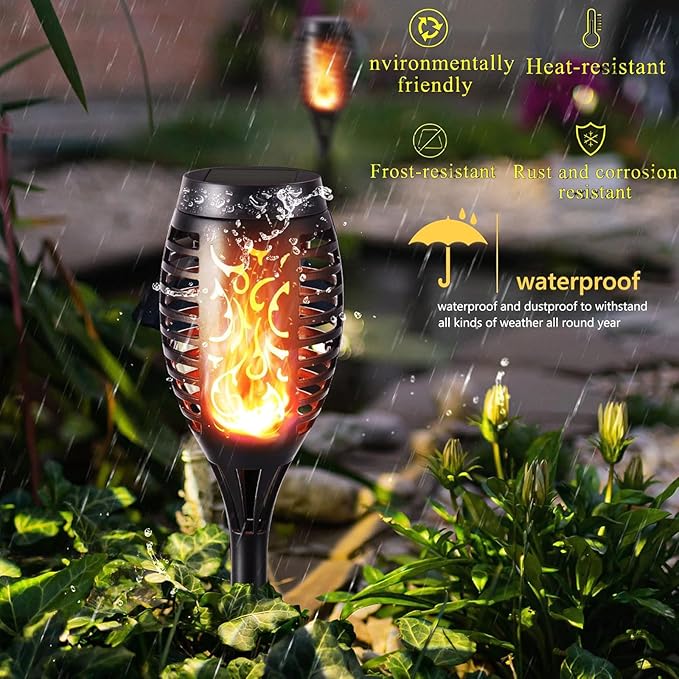 Solar Halloween Lights Outdoor, LED Torch Lights Flickering Flame, Waterproof Tiki Torches for Outside Landscape Decoration Lighting for Lawn, Yard, Halloween Decorations (Warm White-1 Pack)