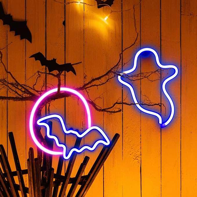 Amylove 2 Pcs Halloween Decoration LED Neon Sign Lights, Ghost and Bat LED Neon Lights, Glowing Moon Hanging Sign USB/Battery Powered for Halloween Party Wall Window Decor Gift Indoor