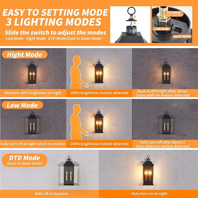 Dusk to Dawn Motion Sensor Outdoor Wall Lantern 2-Light,21.1" Large Exterior Wall Sconce Lighting,Modern Black Wall Light Fixture with Glass, Waterproof Exterior Lamp for Patio, House, Porch, Garage