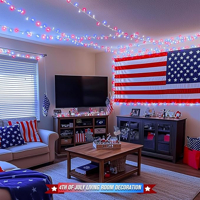 JMEXSUSS 2 Pack 100 LED Red White and Blue Lights, 33ft Connectable 4th of July Lights Outdoor, 8 Modes Patriotic String Lights Indoor for Independence Day 4th of July Memorial Day Holiday Decor