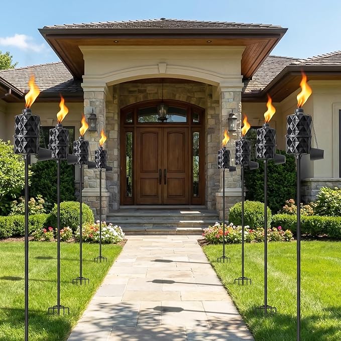 4 Pack Glass Torches, 13.5 oz Citronella Torches for Outside, Citronella Torches with 5-Prong Grounded Stake, Landscape Lanterns Torches for Garden, Patio, Party Decor (Black)