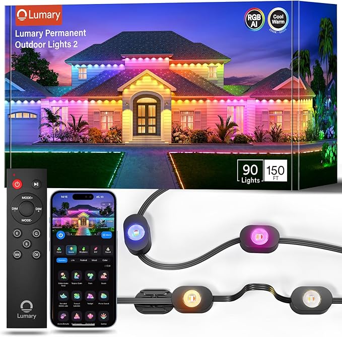 Lumary Smart Permanent Outdoor Lights 2 with Remote, 150ft with 90 RGBAICW LEDs 5400lm for Daily and Accent Lighting, 110+ Scenes for Halloween Christmas Decor, Work with Alexa Google, Black