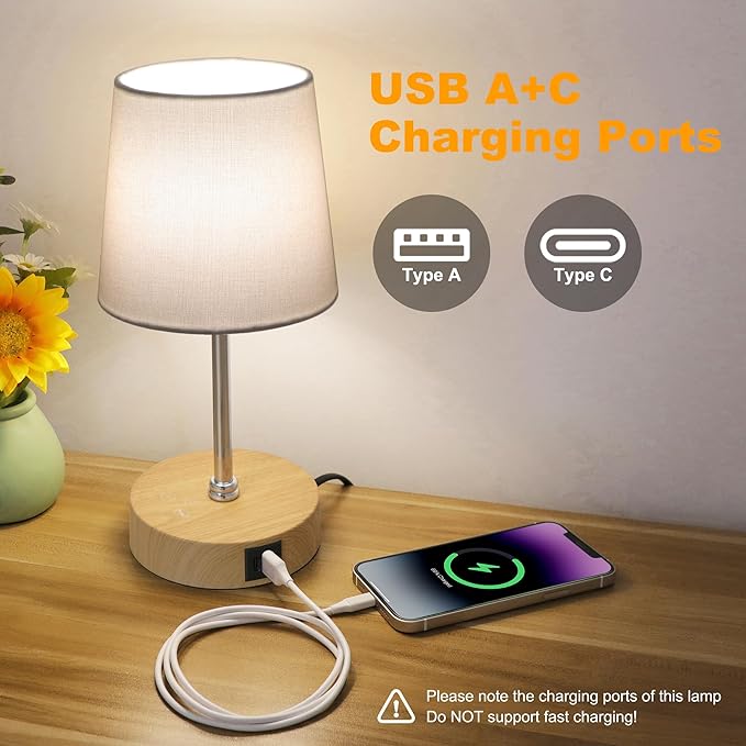 Ascher Small Bedside Table lamp Set of 2, RGB Color Changing Lamps, 3 Color Temperatures, Stepless Dimmable, Nightstand Lamp with USB C+A Ports for Bedroom Living Room, (White Shade, Wood Grain Base)