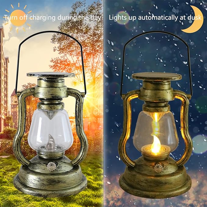 Solar Hanging Lanterns, Rechargeable Portable Metal Retro Camping Lamp for Tent Camping Garden Patio Deck, Pack of 2