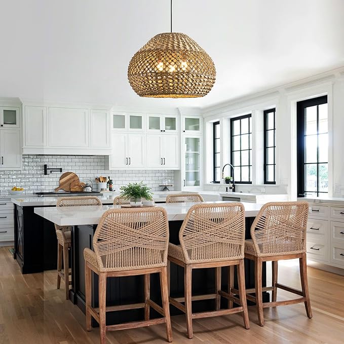 19.29” Large Rattan Pendant Light,3-Light Wicker Chandelier Light Fixture,Boho Kitchen Island Hanging Seagrass Rustic Lighting for Dining Room, Farmhouse,Foyer