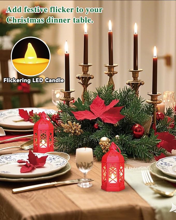 12-Pack Mini Lanterns for Ramadan, Christmas, Small Decorative Lanterns with Flickering LED Candle for Enchanted Forest Wedding Decor, Moroccan Lantern for Table Centerpiece & Ornament, Red