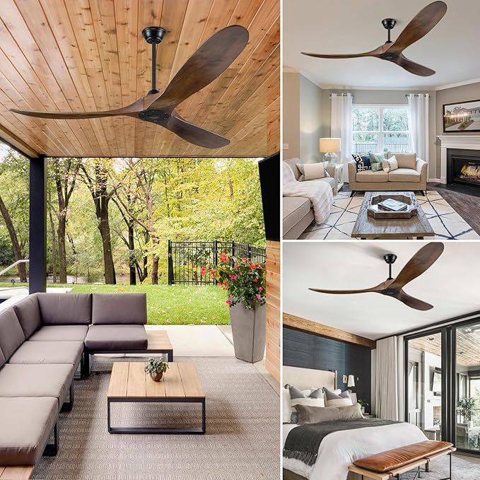 Ceiling Fan without Lights 72 Inch Large outdoor Fan, Outdoor Ceiling Fan No Lights with Wall and Remote Control, 3 Blade Solid Wood Indoor Outdoor Ceiling Fans for Patios ETL Listed-Deep Walnut