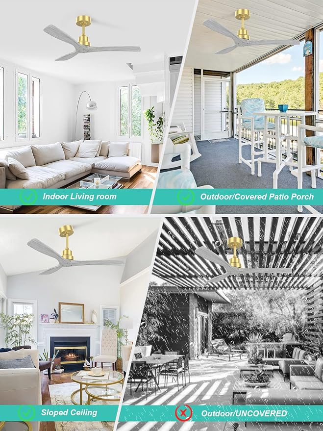 52" Ceiling Fans No Lights with Remote, 3 Solid-Wood Blade,Noiseless Reversible DC Motor for Patios Indoor Outdoor Living room Farmhouse, Golden Body