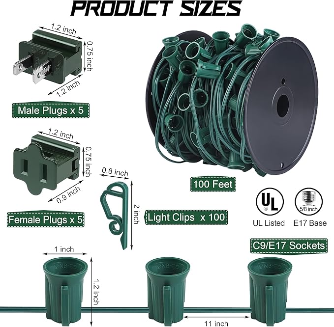 Fovths 100 Ft C9/E17 Christmas Light Sockets Set Outdoor UL Listed String Light Include 100 E17 Socket with 100 Clips, 10 Female Male Plug, Stringer Spool Christmas C9 Green Wire for Patio Event Decor