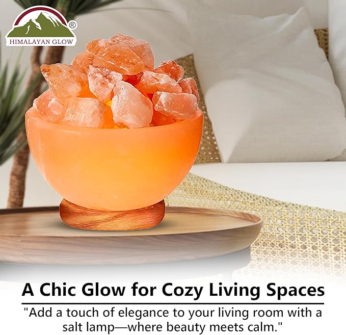 Himalayan Glow Natural Pink Salt Lamp Bowl with Crystal Chunks | Hand-Carved Himalayan Salt Lamp for Air Purification & Calming Ambiance | Home & Office Décor