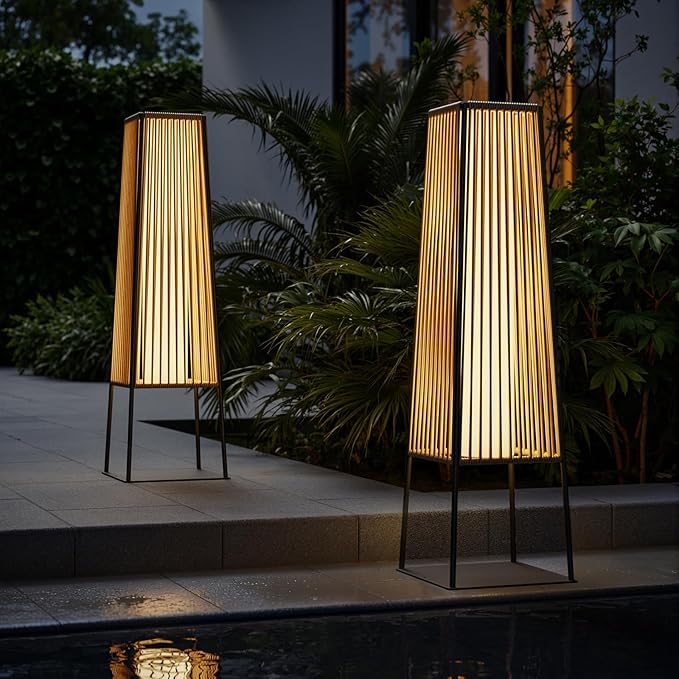 Outdoor Floor Lamp Set of 2, Rattan Solar Lanterns Outdoor Waterproof for Balcony, Deck, Garden & Patio (Natural)