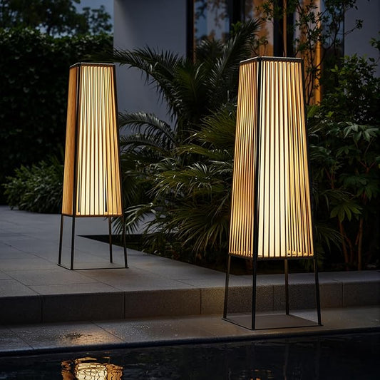 Outdoor Floor Lamp Set of 2, Rattan Solar Lanterns Outdoor Waterproof for Balcony, Deck, Garden & Patio (Natural)