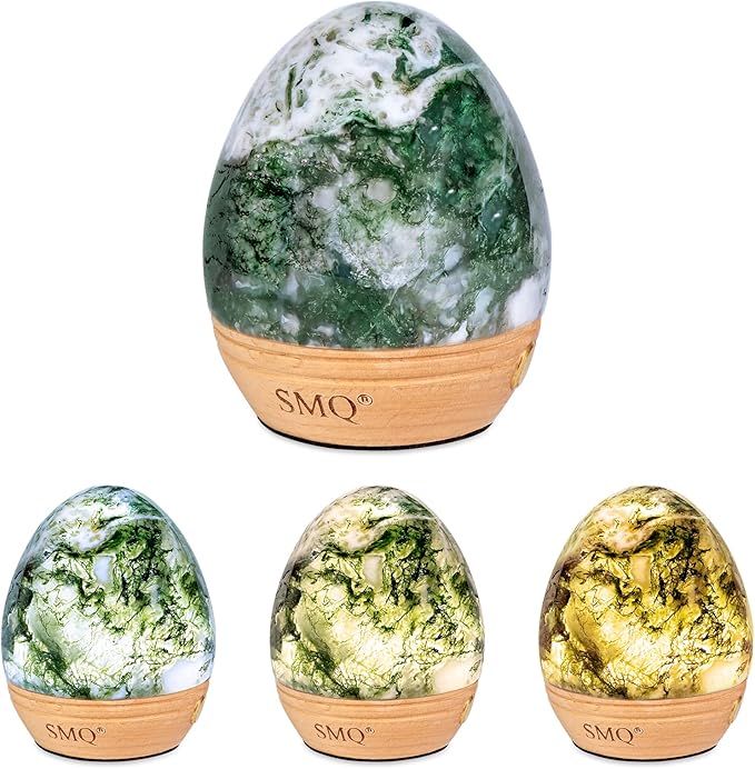 SMQ Moss Agate Crystal Night Light with Rechargeable 2 Colors Touch Control Table Lamp with Wooden Base for Kids Adult Living Room Bedroom(Egg-Shape)