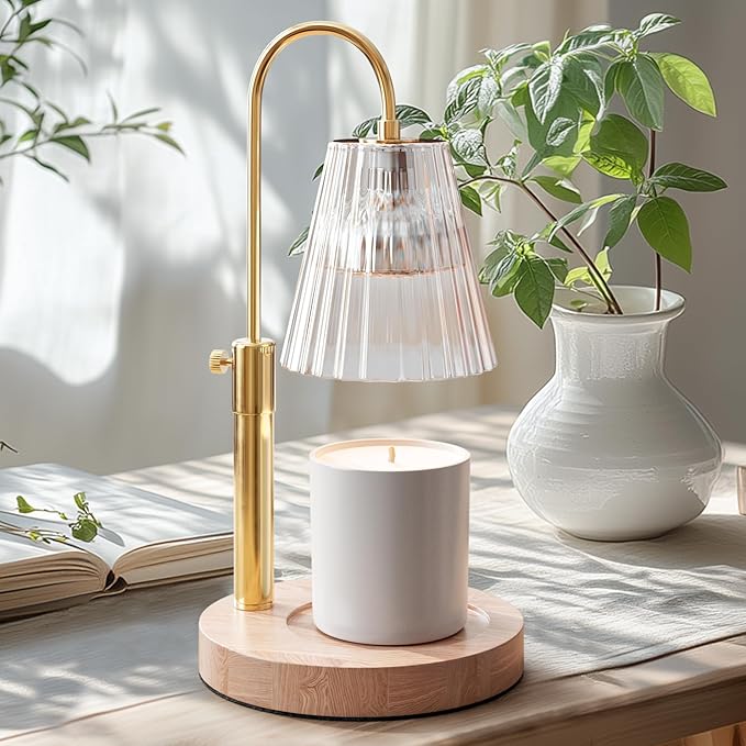 STERN & SPLENDID Adjustable Wood Candle Warmer Lamp for Jar Candles – Large Round Base, Dimmable Electric Candle Melter with Timer, Flameless Candle Heating Lamp with 4 Halogen Light Bulbs