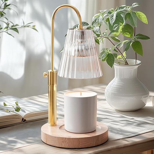STERN & SPLENDID Adjustable Wood Candle Warmer Lamp for Jar Candles – Large Round Base, Dimmable Electric Candle Melter with Timer, Flameless Candle Heating Lamp with 4 Halogen Light Bulbs