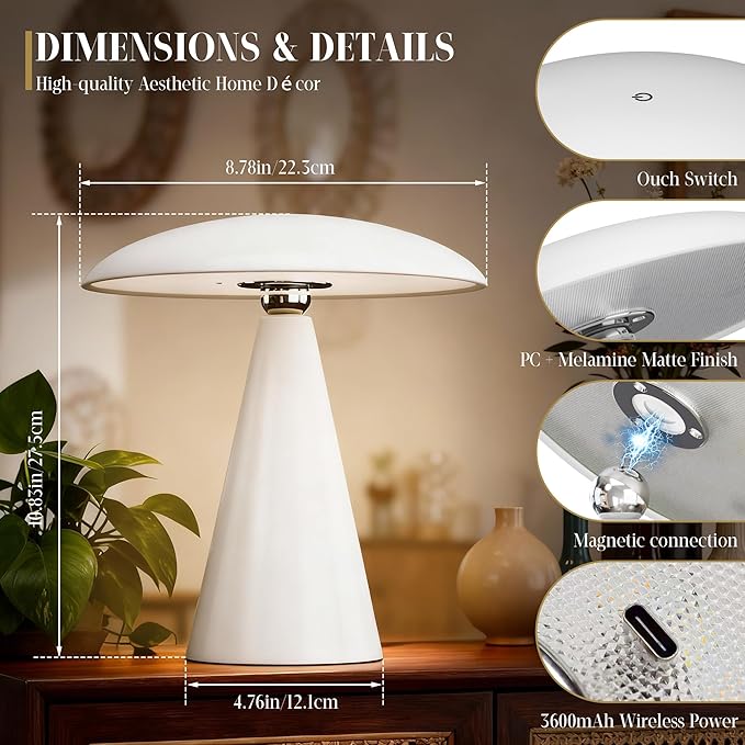 Mushroom Aesthetic Cute Lamp,Magnetic Mid Century Modern Lamp with 3-Mode Lighting for Unique Home Mushroom Decor,Cordless USB Rechargeable Lamps for Bedside/Dorm/Office/Entryway Decor(White)