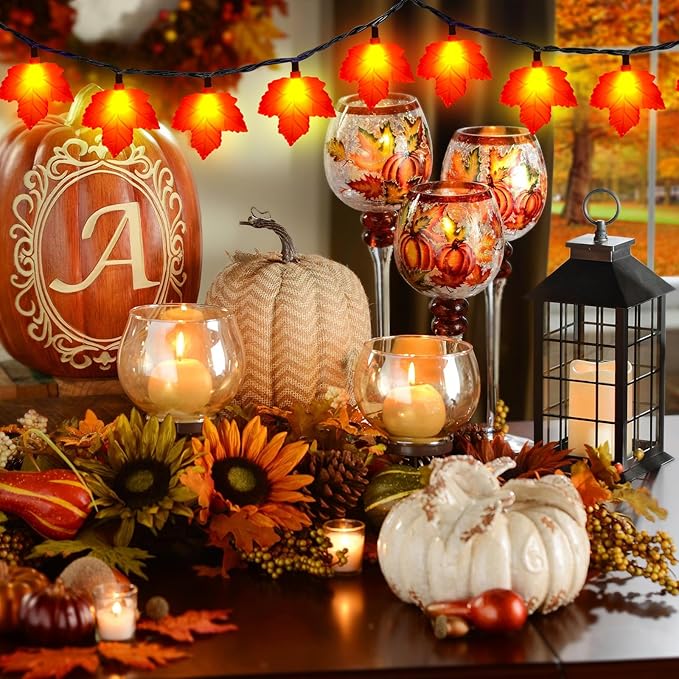 Fall Decorations Lights, 8.5Ft Outdoor Thanksgiving Decorations Lights with 10 LED Orange Maple Leaves Light, Hanging Orange Halloween String Light for Home Garland Autumn Harvest Thanksgiving Decor