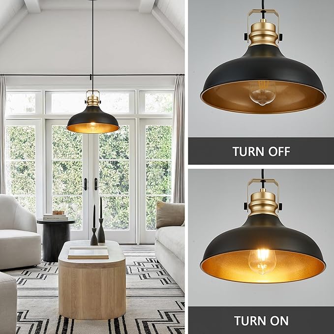 Black and Gold Farmhouse Pendant Lights Matte Pendant Lighting for Kitchen Island Industrial Adjustable Height Vintage Dome Hanging Light Fixtures for Barn, Dining Room 1 Pack