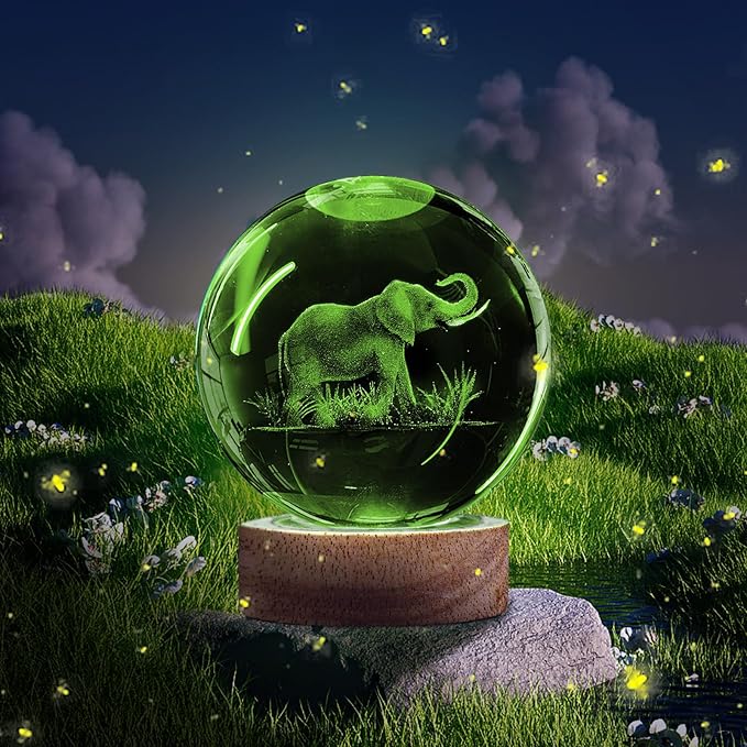 3D Elephant Crystal Ball Night Light With 16 Color Wooden Base, Upgraded 3.15 Inch Glass Ball Lamp With Remote for Birthday Holiday Xmas, Cool Toy Decor Gifts for Boys Girls Kids