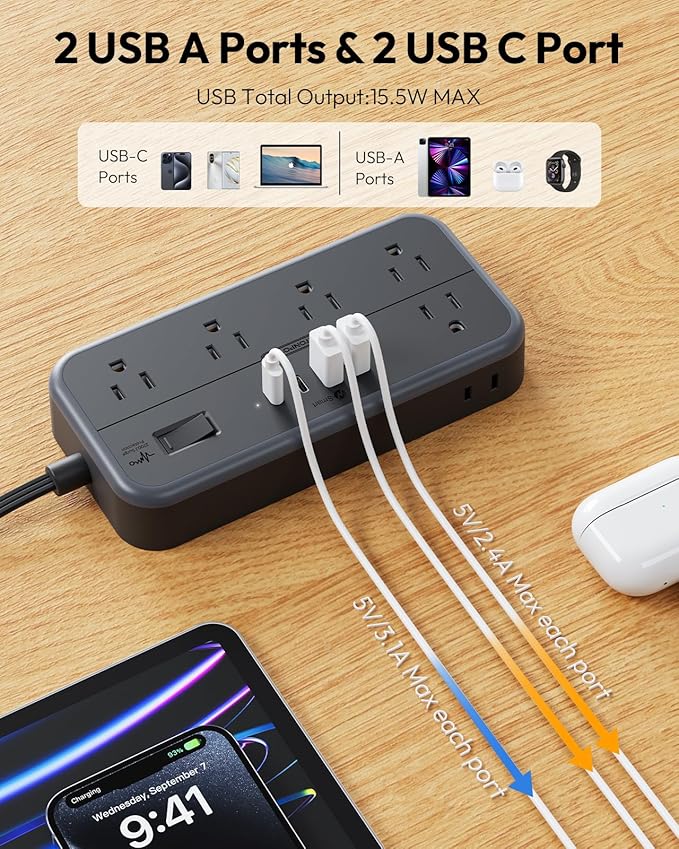 NTONPOWER Surge Protector Power Strip 5 Ft Cord, 10 Widely Spaced Outlets, 4 USB Port(2 USB C Port), Ultra Thin Flat Plug Extension Cord 5 Feet, 2700J Surge Protection for Home Office Garage, Black
