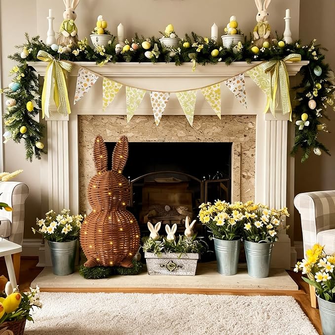 Thyle 1 Pcs Neutral Easter Rattan Bunny Decoration, 13.8 Inch Morden Woven Rabbit Tabletop Centerpiece with 3.28 FT String Light, Rabbit Ornament for Mantel Fireplace Easter Home Tiered Tray Decor