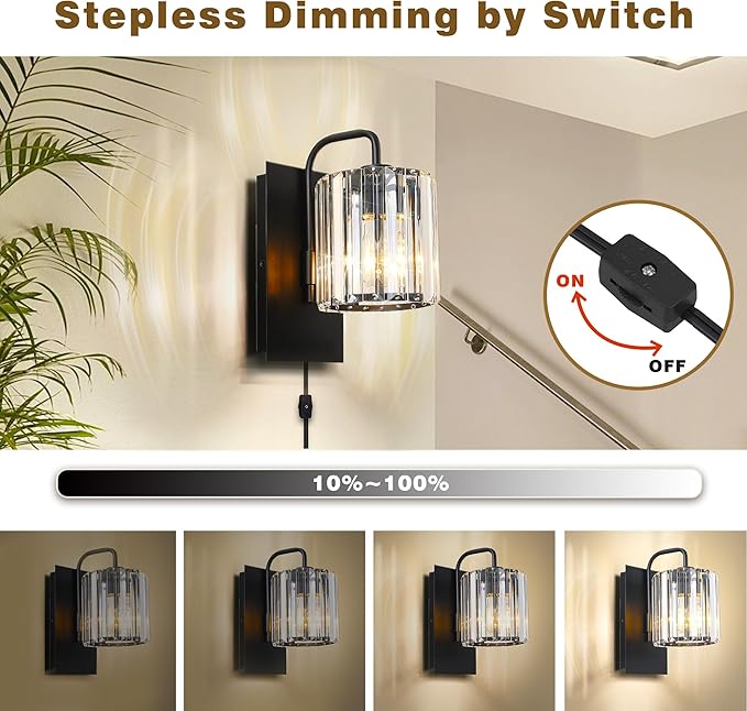 Plug in Sconces, Square Crystal Sconce Black Plug in Wall Sconce Crystal Wall Lamp with On Off Dimmer Cord, Glass Wall Light Fixtures for Living Room Bedroom Hallway Bedside