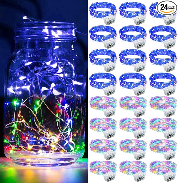 24 Pack Fairy Lights 7Ft 20 LED Twinkle String Lights Battery Operated Waterproof Firefly Starry for Mason Jar Party Wedding Christmas Valentines Day,Rainbow + Blue