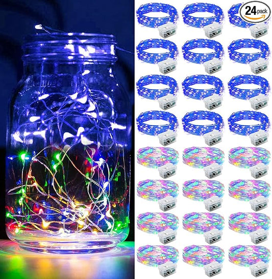 24 Pack Fairy Lights 7Ft 20 LED Twinkle String Lights Battery Operated Waterproof Firefly Starry for Mason Jar Party Wedding Christmas Valentines Day,Rainbow + Blue