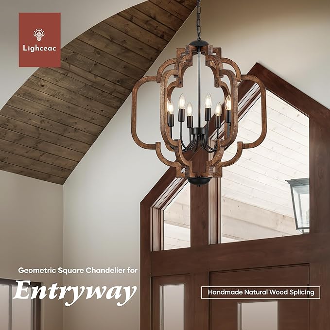 24.6" Farmhouse Vintage Chandelier 8-Light for Dining Room Rustic Handmade Wood Hanging Ceiling Pendant Light Fixture for Entryway Brown Retro Chandeliers for Kitchen Bedroom Foyer Hallway