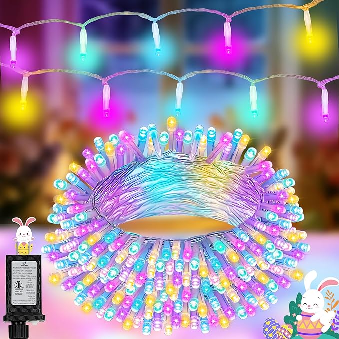 100 LED Easter Mini Lights - 33Ft Pastel Colored Connect String Light Plug in with 8 Modes, Timer, Waterproof- Fairy Christmas Lighting for Outdoor Tree Bedroom House Party Decorations - White Wire