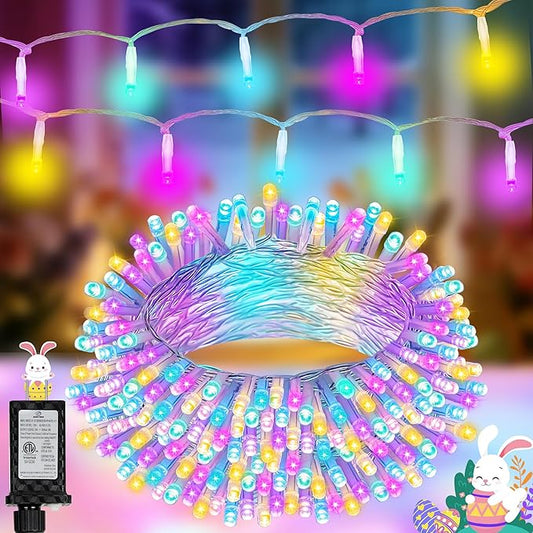100 LED Easter Mini Lights - 33Ft Pastel Colored Connect String Light Plug in with 8 Modes, Timer, Waterproof- Fairy Christmas Lighting for Outdoor Tree Bedroom House Party Decorations - White Wire