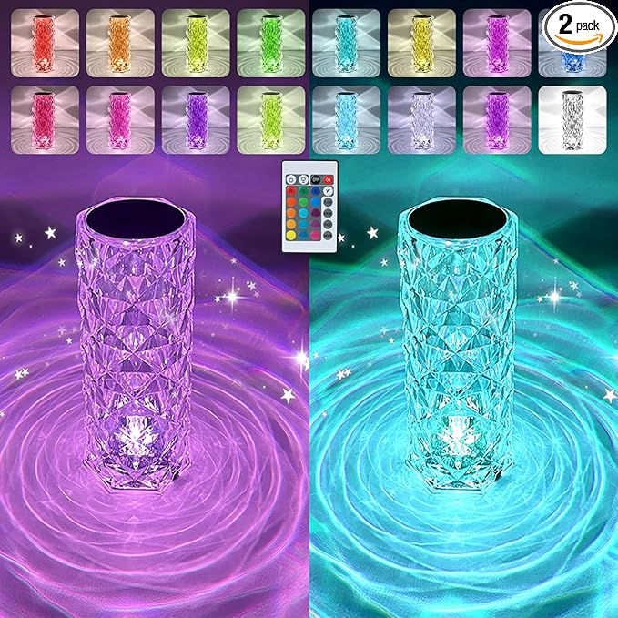 2 Pack Crystal Table Lamp, Remote and Touch Control Rose Wave Lamp, RGB Color Changing Night Light, Dimmable, USB Rechargeable Decoration Ambient Lighting for Dinner/Bars/Game Room/Living Room/Bedroom