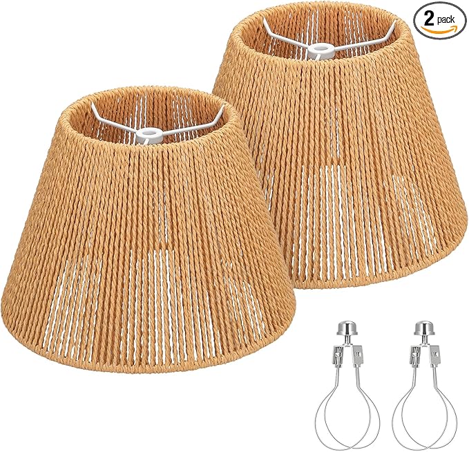 Small Rattan Lamp Shades Set of 2, Boho Lamp Shades for Table Lamps, 5.5" Top x 10" Bottom x 6.6" High, Wicker Lampshade Replacement for Bedroom, Hand Woven, Spider, Bulb Clip Adapters Included