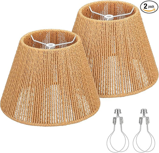Small Rattan Lamp Shades Set of 2, Boho Lamp Shades for Table Lamps, 5.5" Top x 10" Bottom x 6.6" High, Wicker Lampshade Replacement for Bedroom, Hand Woven, Spider, Bulb Clip Adapters Included