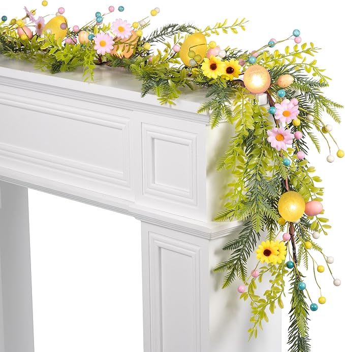 6FT Prelit Easter Garland with 20 LED Lights & 8 Modes Timer,Easter Decorations for Home,Battery Operated Lighted Easter Egg Garland with Berry Daisy for Mantle Door Table Indoor Outdoor Spring Decor