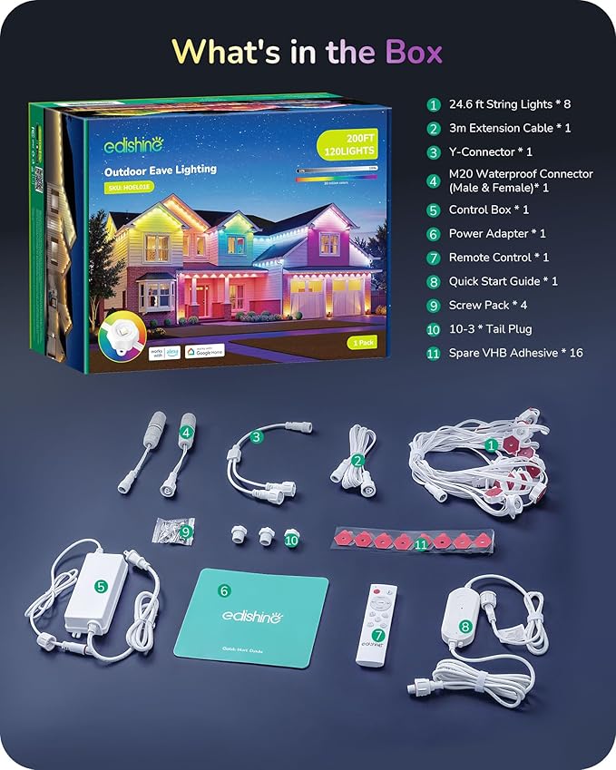 EDISHINE 200ft Cuttable Outdoor Permanent Christmas Lights Pro, 120 LED Smart RGB+IC+Warm White Eave Light, App/Remote, 111 Scene Modes IP67 Waterproof for House and Daily Decor, Alexa Google Enable