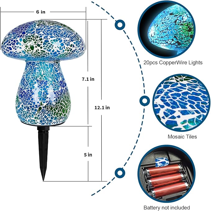 Mosaic Mushroom Garden Lights - Table Lamp Outdoor Decor Waterproof Night Light Lawn Decor Statue for Patio, Party, Yard (Blue)
