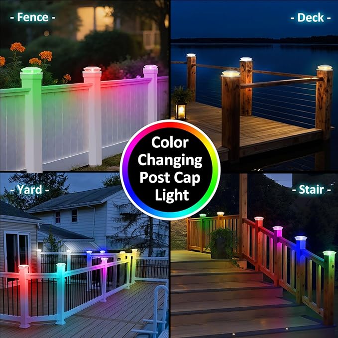 T-SUN Solar Post Cap Lights with Auto-Change Colors- for Wooden (4x4/6x6) & Vinyl (4x4/5x5) Posts | Weatherproof Outdoor Solar Fence Post Lights for Deck, Porch, Garden & Stairs(24-Pack,RGB)