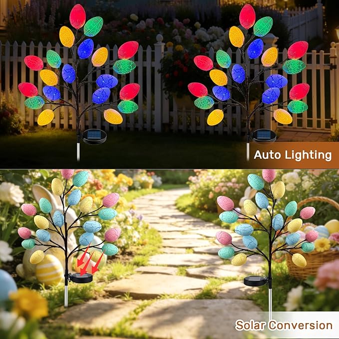 2 Pack Solar Easter Egg Lights Outdoor, 40 LED Waterproof Solar Easter Yard Decorations Outdoor Easters Yard Stakes Lights with 2 Lighting Modes for Outside Lawn Walkway Patio Cemetery Grave