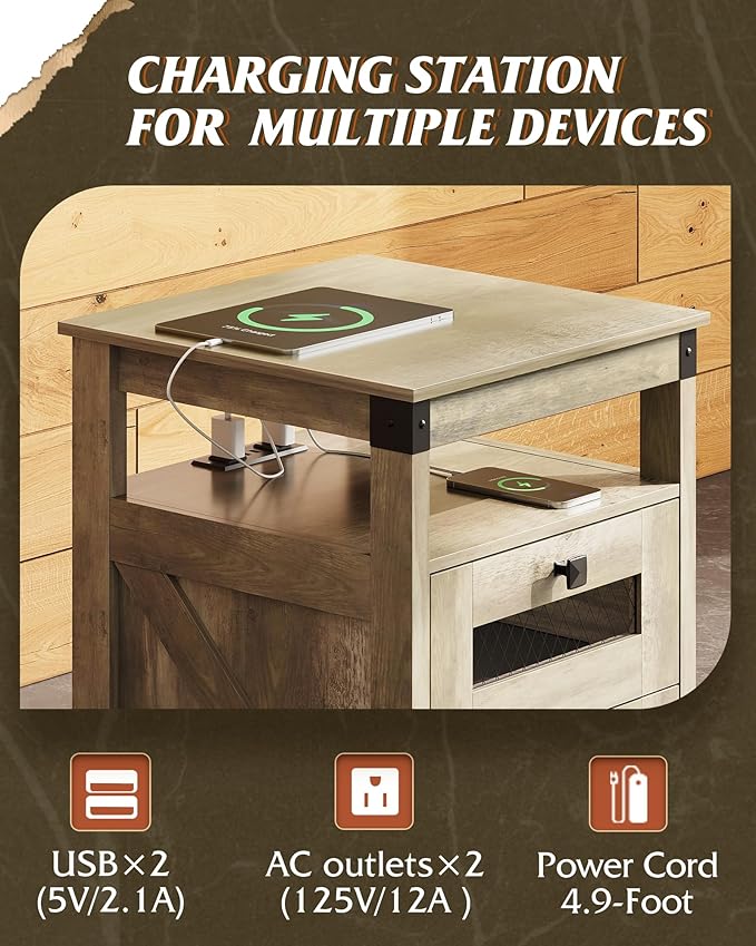 WLIVE Nightstand with Charging Station, Farmhouse End Table, Bed Side Table with 2 Storage Drawers and Open Shelf, Wood Rustic Nightstands for Bedroom, Living Room, Greige