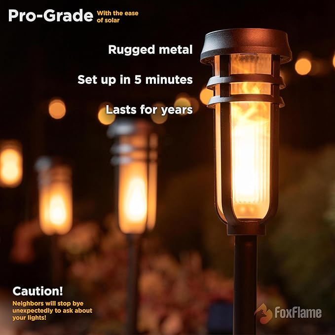 Metal Solar Torch Lights - Adjustable Height (24" - 50"), Outdoor Garden Decor with Patented LED, Waterproof Solar Tiki Torches for Yard, Patio, Garden Pathway, Matte Black – 4 Pack