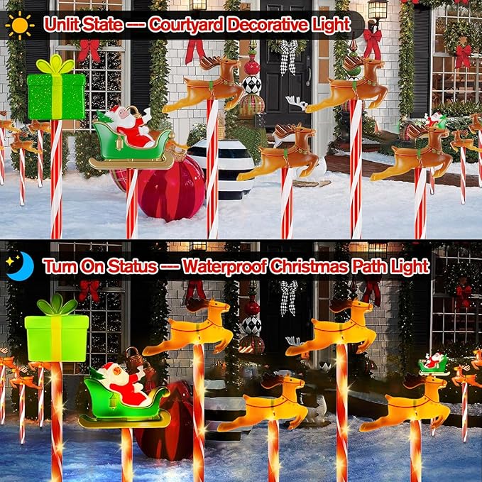 Christmas Pathway Lights Outdoor, 6pcs Candy Cane Reindeer Lights with 8 Modes, Outdoor Christmas Decorations Light, LED Santa Claus Gifts Light for Yard Path Garden Decor (Brown - Reindeer)