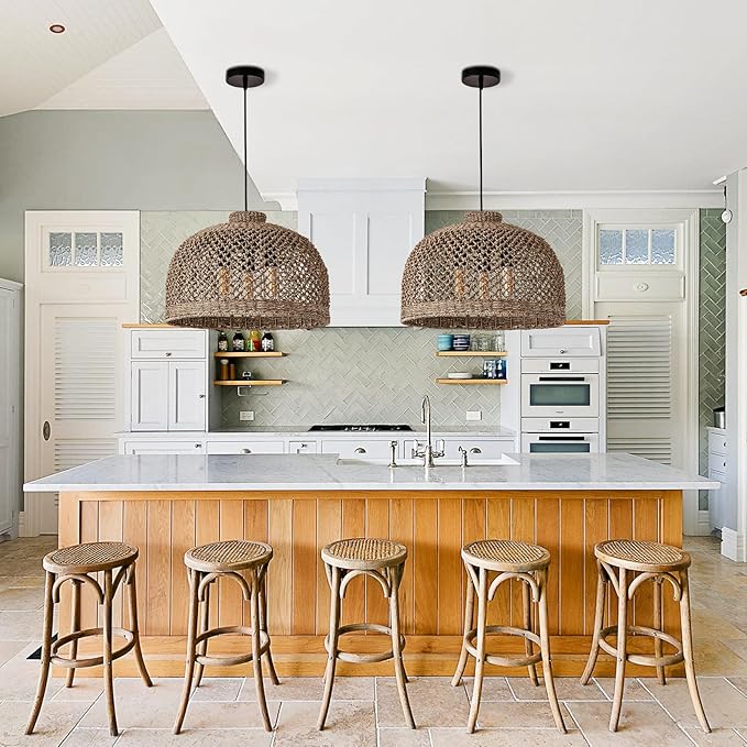 18.9in Rattan Light Hand Woven Wicker Large Pendant Lights Boho Lighting Farmhouse Chandelier Fixture for Living Room Restaurant Kitchen Island Dining Room Hallway Bedroom