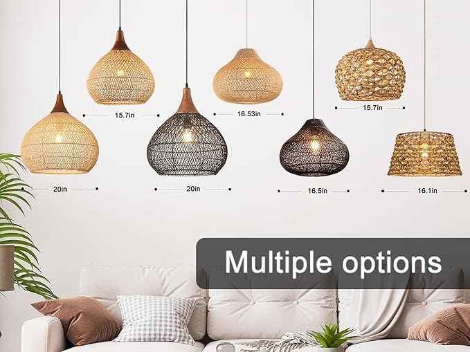 Rattan Pendant Light, 16.5" Hand-Woven Wicker Chandelier Boho Hanging Light Fixture, Farmhouse Natural Raindrop Basket Ceiling Light for Dining Room Kitchen Island Bedroom Living Room, E26