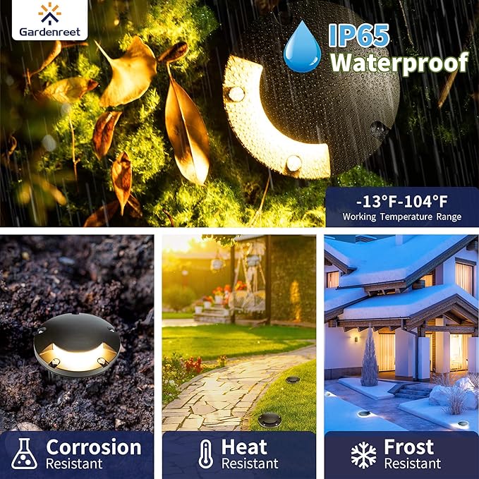 Gardenreet Brass Low Voltage Inground Lights Kit(6 Pack) with MR16 Bulb & 100Feet Wire & Connectors, 12V LED Well Lights IP65 Waterproof Landscape Lighting for Outdoor Sideway Path(1 Way Turret)
